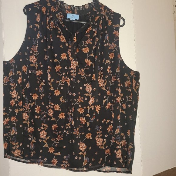 CeCe Women's Black Blouse with Pink Floral-Print Neck-Tie Sleeveless - Picture 3 of 4